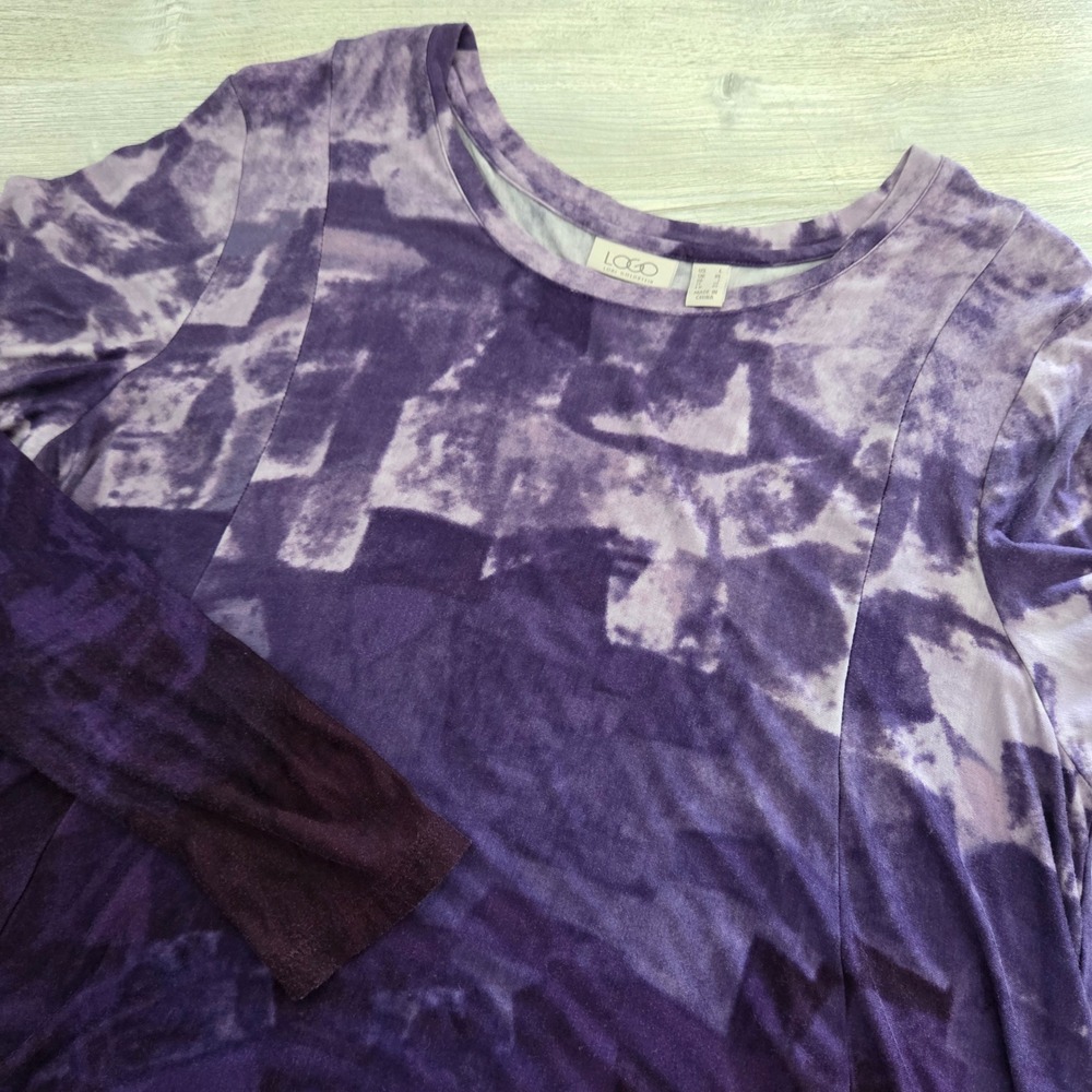 LOGO Lori Goldstein Tunic Purple Tie Dye Lace Trim Long Sleeve Women Large